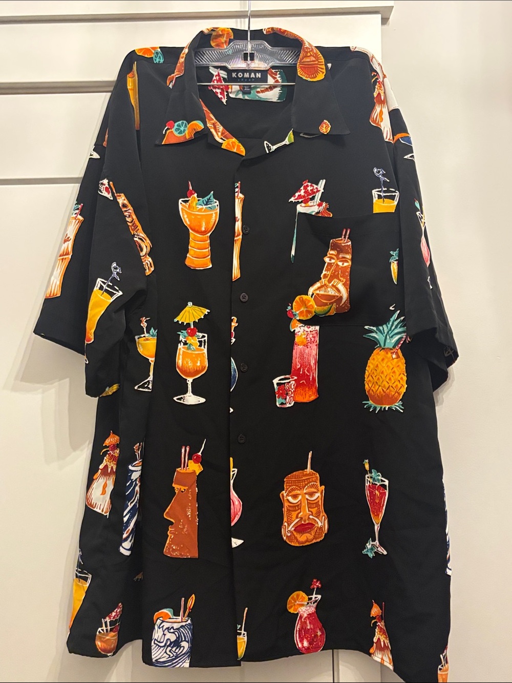 Koman Black Tropical Cocktail Print Short-Sleeve Button-Down Shirt
